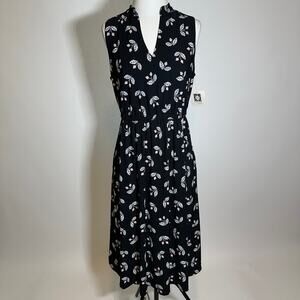 NWT Anne Klein Black Pink Floral Sleeveless Midi Dress Pockets Womens Size 10